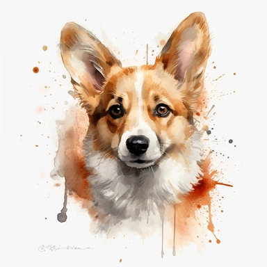 cute Pembroke Welsh Corgi dog portrait, full face, centered shot, side shot, dynamically posed, in action, playful mood, happy mood, playing mood, cute face, adorable smile, childlike eyes, clean watercolor illustration, white background, nursery baby imagery, painting, detailed, 8k, PNG, clipart,