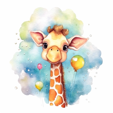 cute colorful giraffe with cloud clipart, for childish cards, detail, illustration style, high solution, Watercolor, on the white background, hd