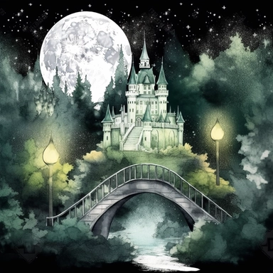 light watercolor Fantasy green Castles night scenery on the moon in the garden forest and bridges realistic clipart on black background