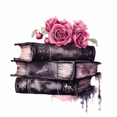 Gothic style books with watercolor effect, suitable for digital clipart, white background, gothic pink scene, gothic colors, gothic tools, gothic roses, dark scene, twinkles