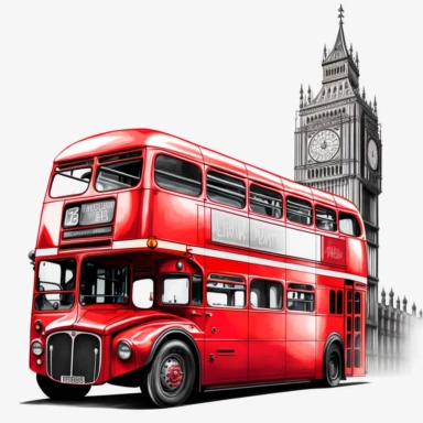 vibrant london red bus drviving past Houses of Parliament detailed colourpencil drawing clipart svg white background