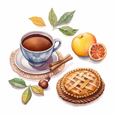 Watercolor illustration of a pie, tea and leaves, in the style of white and amber, knitted and crocheted, handcrafted objects, spiral group, cabincore, smooth and shiny, konica big mini , style by Lucy Fleming, watercolor, smooth gradients, black contour outline, ultra detailed, clipart elements, delicate pastel colors, solid white background, super clear, high quality