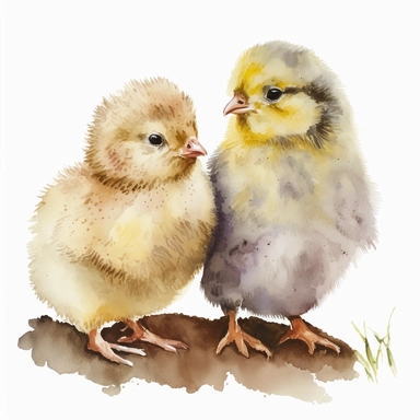 watercolor 2 baby chicks, clipart, white background