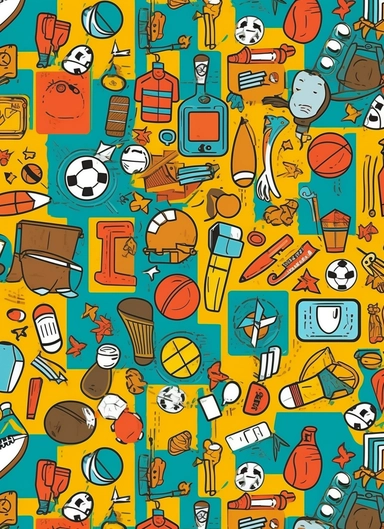 a clipart wallpaper with a happy color background with sports, animals, tvs, electronics, science, art,