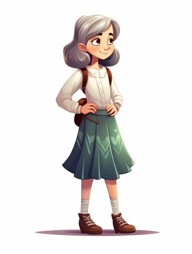 girl 7 years old, in full height, in skirt, illustration, clipart style, white background
