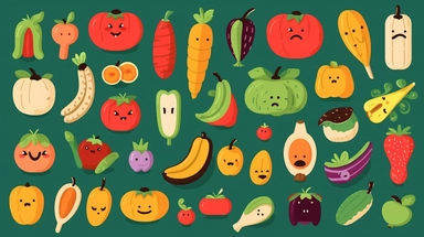 vegetables vector clipart vector vegetables cute animal collection, in the style of #screenshotsaturday, flat areas of color, flat color blocks, 1970–present, rough-edged 2d animation, lightbox, colorful animation stills
