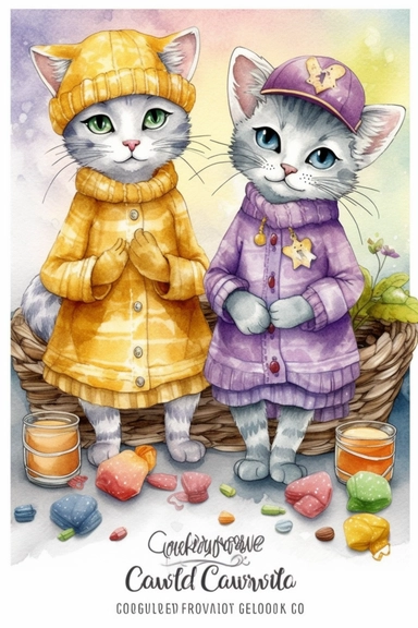 watercolor Clipart, couple Cats in knitted clothes, Cartoon–cute or childlike, Whimsical illustrations, charming, childlike, carefree, dreamy, fun and colorful, cute, watercolor, hand-drawn, digital painting, soft lighting, bird's-eye view, seed1