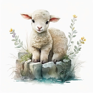 watercolor, cute clipart baby sheep sitting