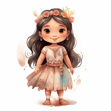 Toddler princess Pocahontas cartoon watercolor, round face delicate her long hair sharp and detailed her outfit like the original princess, character should be well drawn with soft tones a very clear smile confident and a head lightly painted in watercolor the character should be on a white background clipart