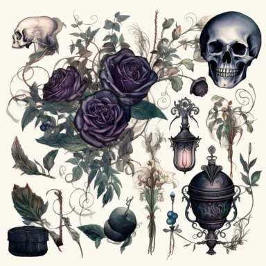 Step into a world where the ethereal beauty of watercolors meets the dark allure of Gothic aesthetics. Create an extraordinary collection of Gothic floral arrangements in clipart form, each brushstroke capturing the delicate balance between light and shadow. Infuse the artwork with elements inspired by Gothic literature and art, intertwining roses, thorns, and dark foliage with intricate details like antique keys, winding vines, and elegant candelabras. Choose a vivid color palette that juxtapos