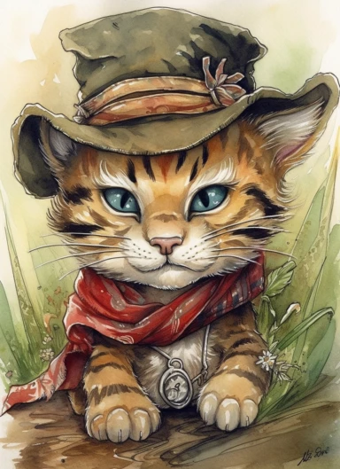 clipart,a cute little tiger in a field with a cowboy hat on its head and a bandana on its neck,in the style of jody bergsma, 32k uhd, hand-painted details, charming character illustrations, dark brown and light beige,red/green, aquarellist, hd , white bac
