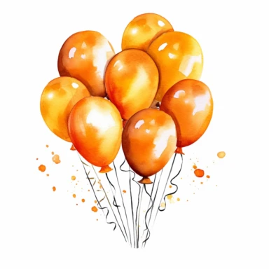 one vibrant party balloon clipart, white background, orange colour tones, watercolour style