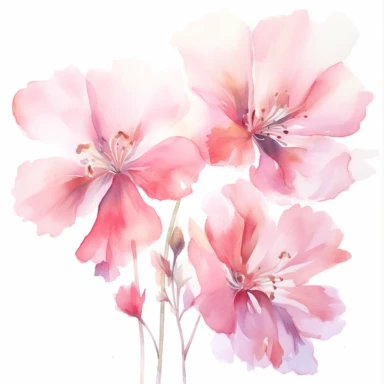 Artistic watercolor depiction of pink flowers gently caressed by a summer breeze, portrayed from a top-down angle, with the play of light and shadow adding depth and a sense of movement, as if the flowers themselves are alive and animated, clipart on a clean white background.
