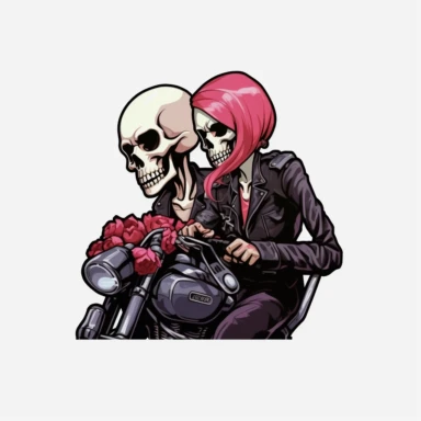 side view of two skull head motorcyclists one being a woman the other a man and looking like they were just married with cans being pulled by bike riding a harley clipart