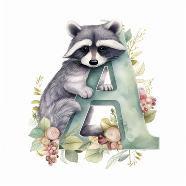 beautiful alphabet font letter A with a baby racoon clipart, white background