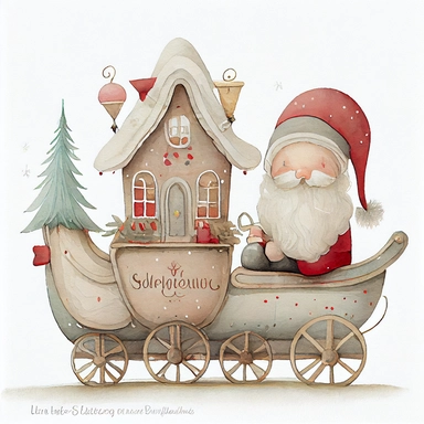 A watercolor painting cute Santa Claus, Father Christmas, sitting in his sleigh with presents in the back of his sleigh, cute detailed digital art, inspired by nicoletta ceccoli, by Kubisi art, whimsical and cute, by nicoletta ceccoli, cute detailed artwork, glimmering, adorable and whimsical, whimsical art, Clipart style, png style, svg style, blank white background, a solid white background
