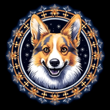 Christmas snowflakes Circle happy corgi with christmas-lights, realistic illustration, 16k, T - shirt design, T - shirt graphic, retro vintage style, circle. extremely detailed, clipart seperated on a white background, incredibly high detail