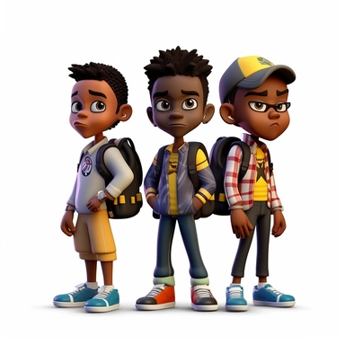 3D toy young 3 black boys wearing a backpack with a school uniform outfit in the style of boondocks in the style of marvel comics cartoon with white background can't believe how beautiful this is clipart, graphic vector, isolated on white background
