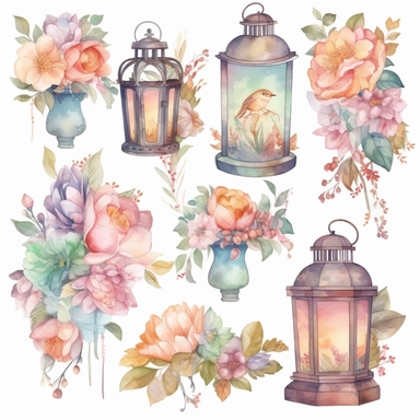 19 PNG Watercolor Pastel Lantern Clipart, Floral Lantern Clip Art, Fantasy Lantern PNG, Cottagecore Lantern Roses Clipart, Lamp Clip Art Set