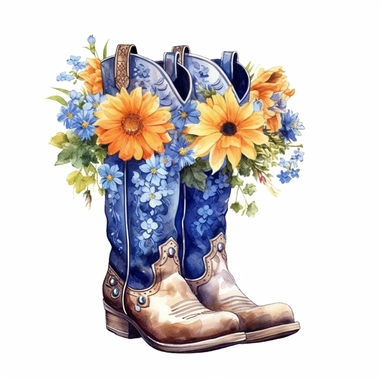 Beautiful Cow girl boots watercolor sublimation clipart, full of flowers, spring flowers, blue color, art, digital art, drawing, highly detailed, realistic drawing, white background, 8k