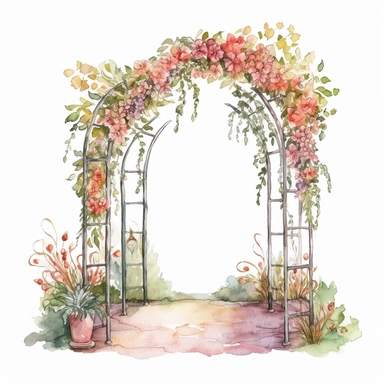watercolor clipart of a wedding arch in a flower garden, colored pencil drawing, good composition, vector, contour, isolated white background, 16k