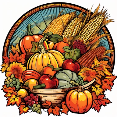a colorful and bountiful clipart illustration featuring a cornucopia overflowing with autumn fruits, vegetables, and other harvest elements like pumpkins, gourds, and wheat.