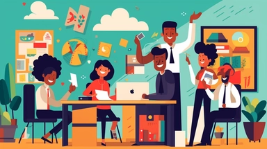clipart of a scene of diverse office staff working together in an office, Alegria style, corporate memphis style, flat art, bold colors, upbeat, happy, expressive, friendly