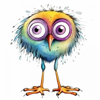 Funny colorful cartoon bird like a pompon clipart with big beautiful eyes and long beautiful legs, distinct fine details, watercolor technique, black contour lines