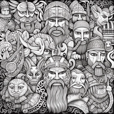 black and white coloring page for adults, lots of vikings , in the style of ominous vibe, monochromatic white figures, fine lines, creative commons attribution, wallpaper, childs drawing, animated exuberance, no shading, clipart
