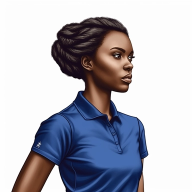 photo-realistic, partial profile, waist-level view of beautiful, but angry, physically fit African American woman, age 25, wearing a very stunning royal blue polo shirt, waist view on white background for vector clipart