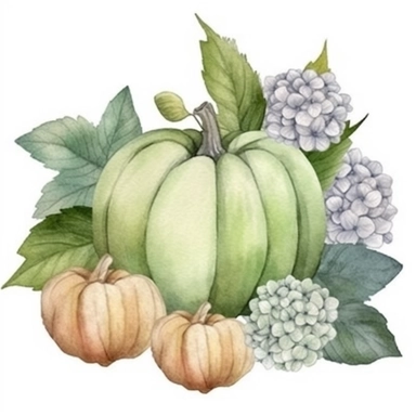 Green-gray pumpkin, dry hydrangea bouquet, green leaves, gray eucalyptus leaves, white fruit, watercolor, clipart, illustration, white background