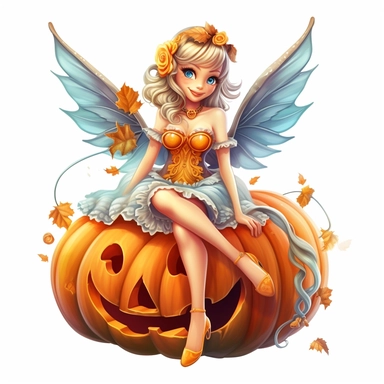 a beautiful smiling fairy girl sitting on a happy big jackolantern pumpkin in a pumpkin patch, highly detailed dress, big fairy wings, pixar style, full body image, clipart, white background