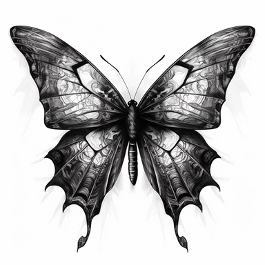 An intricate ink drawing of a butterfly with shattered wings, black and white, white background, clipart
