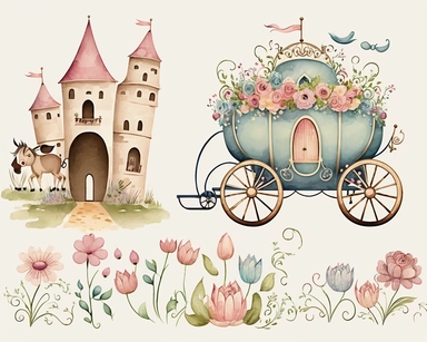 watercolor, pastel, cute, adorable, flowers, carriage, castle, isolated from each other, clipart vector collection, beautiful details, no outline, white background, high resolution