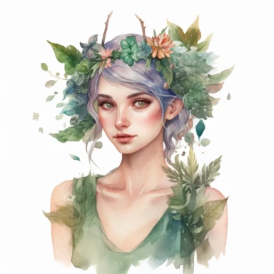 watercolour clipart of beautiful woodland elf, hair tucked behind pointy ears, detailed character illustrations, fantasy illustration, close - up, multilayered realism, goblincore, delicate flowers, forest greenery, enchanted, pretty, majestic, magical, detailed, face only, UHD, 8K, 3D, solid white background