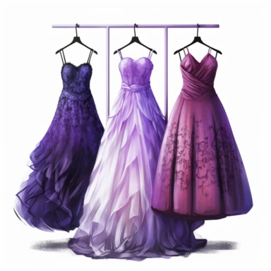 2d illustration of 4 prom dresses, fashion illustration, clipart, illustration, spaghetti strap dress with ball gown petticoat, purple lace, on mannequin, white background, 360dpi, chaos 90