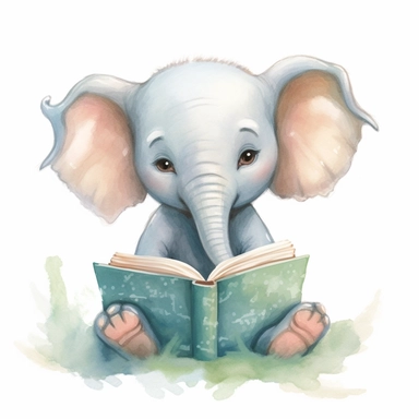 Create a watercolor illustration clipart of a playful cute Baby Elephant Reading a book, with its full body visible. Use soft, flowing brushstrokes and a warm, inviting color palette to create an image that is both charming and whimsical. Incorporate intricate details like the motion of Baby Elephant Reading a book to create a lifelike, realistic image. Can add other elements to the illustration like related item to play to create playful scene. Use white background to allow the watercolor textu