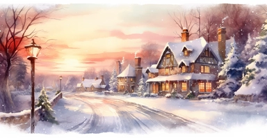 peaceful Christmas eve in the village, at dusk, ornamental watercolour clipart