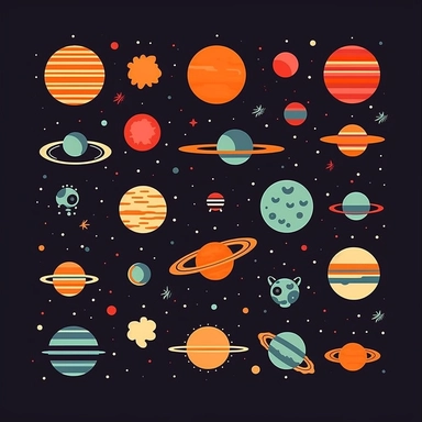Design a set of clipart images inspired by outer space. Visualize planets, stars, spaceships, and astronauts in a stylized, simplistic form that's engaging and informative.