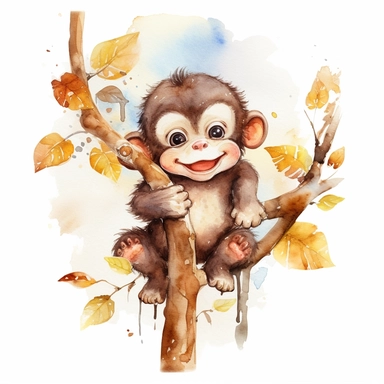 watercolor clipart, white background, cute and adorable playful monkey, perfect for stickers and print on demand, by François Boucher