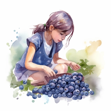 a watercolor of a girl picking blueberries, blueberry academia style, vector free clipart illustration, in the style of unreal engine 5, 32k uhd, detailed features, white background