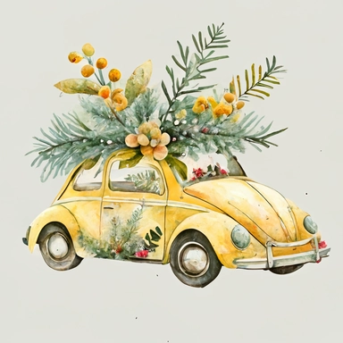 Christmas Car Yellow. Watercolor holiday clipart, vintage, retro car, bug, winter, Christmas tree, floral wreaths, xmas, merry, holly, cards
