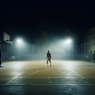 Michael Jordan playing basketball in an outdoor basketing court and doing a three-point-shot, 10pm at night, high details, 4K, movie clip, full bod