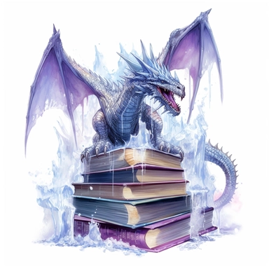 Solid white background, Detailed watercolor open ancient wizard magic book with a Ice dragon climbing out of the book's pages, clipart. The lauguage on the books pages is ancient sumarian.
