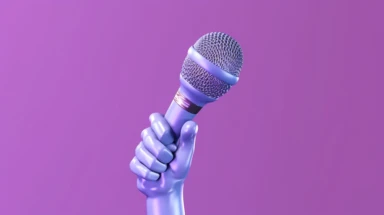 3d render, cartoon character hand holds microphone. Rock concert clip art isolated on violet background, Bright color, ultra realistic