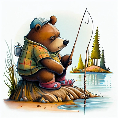 funny big sish going to lake camping fishing big bear, CLIPART, watercolor, ink, ultra-detailed, cartoon style, white background, black outside lines –testp,