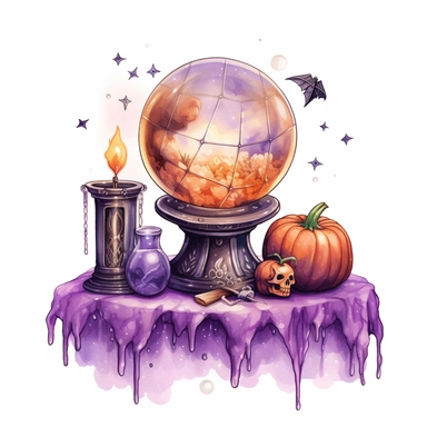 hand drawn glowing crystal ball sitting on a table with crystals, tarot cards, a wand, candles and a pumpkin, Halloween, purple and orange shades,fantasy, glamorous, , clipart style, detailed and realistic, watercolor, white background with margins