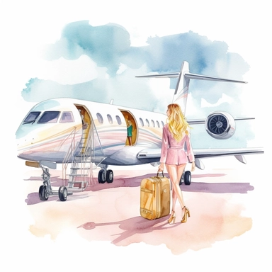 a fancy modern private jet parked with the door open and a woman walking rolling a suitcase towards the jet for an adventure in style and excitement, watercolor style, clean, modern, fairy pastel Floral Clipart, watercolor Illustration clipart, 4K, extremely detailed