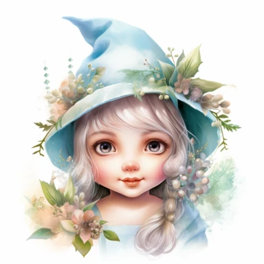 clipart, white background, elf art for android, pastel colors, in the style of whimsical portraits, highly detailed foliage, child-like innocence, cute hat, vibrant realism, tinycore, shiny eyes, soft and dreamy tones