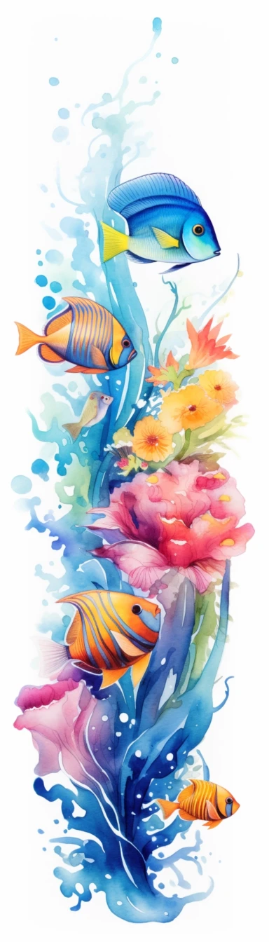 Clipart Tropical fish swimming among coral reefs, Watercolor, white background, vertical format
